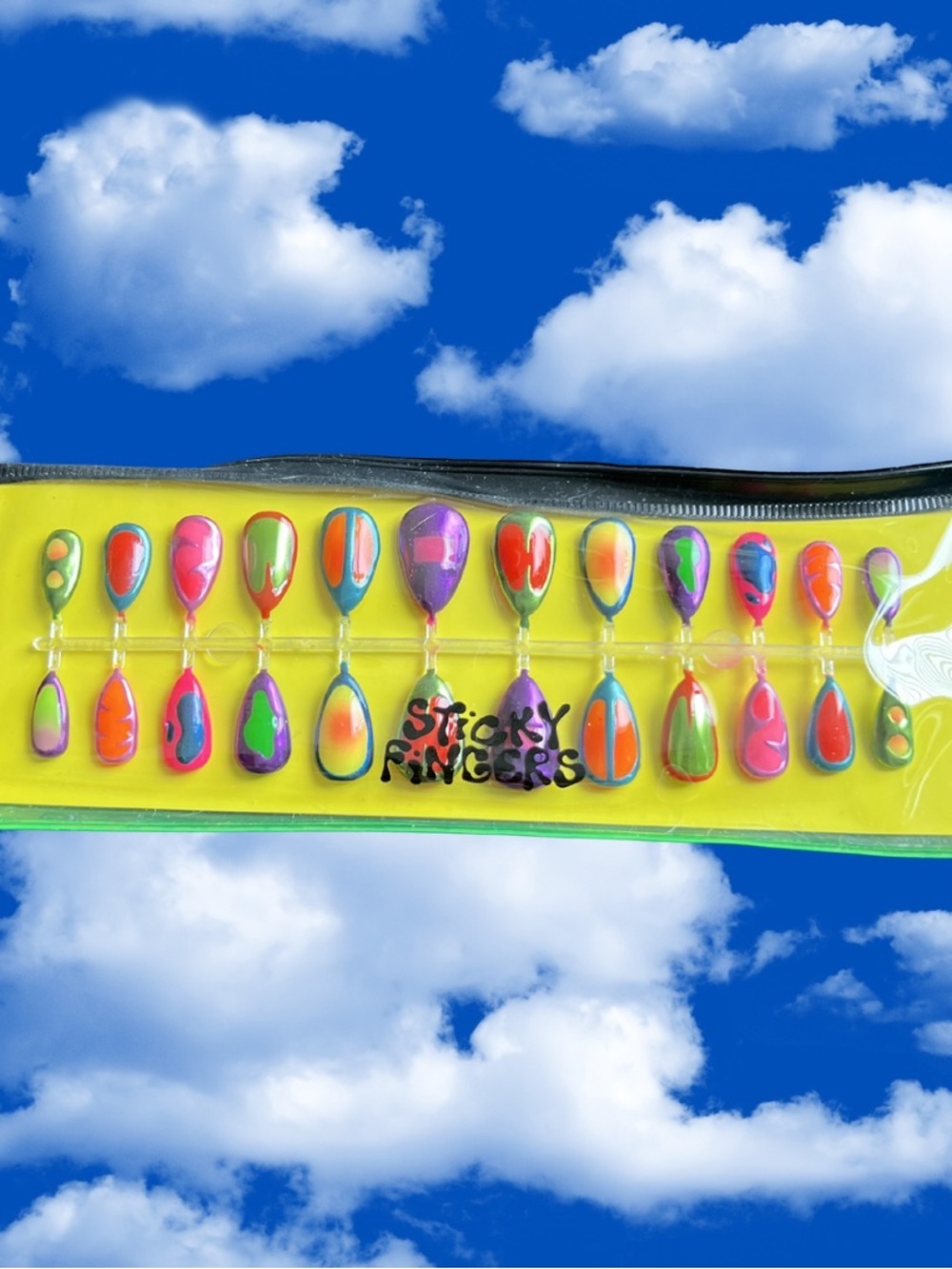 Sticky Fingers Neon Y2K Rainbow Press-On Nail Set Clear Zip Pouch Hand Painted